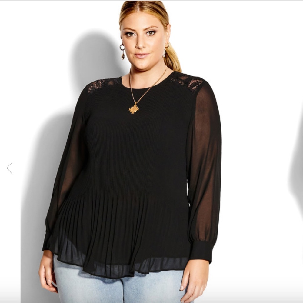 City Chic Lust After Top Black Sheer Pleated Blouse